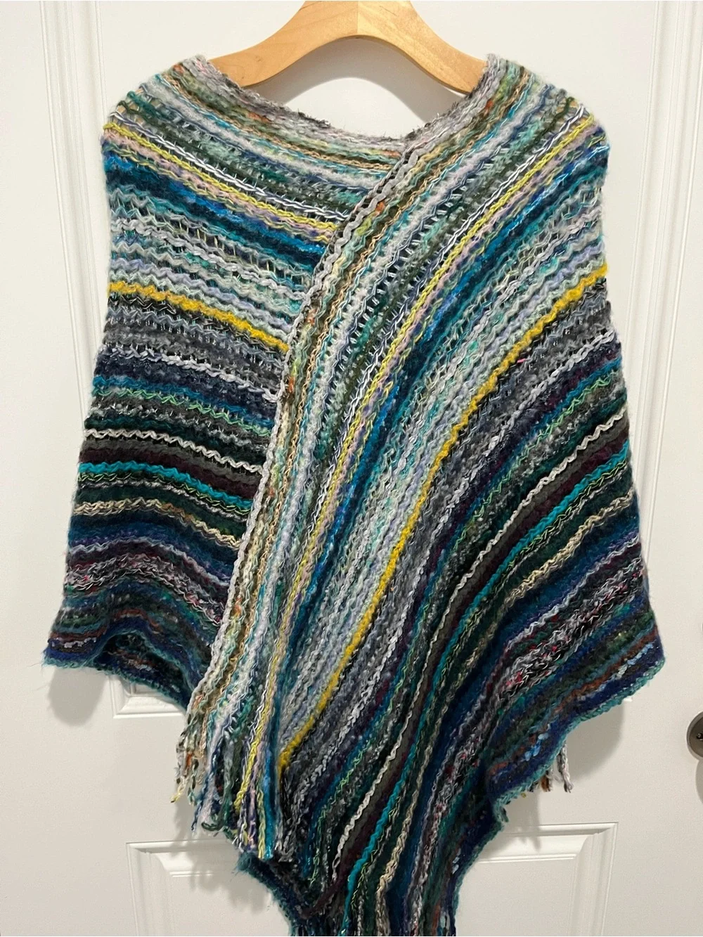 Multicolor Knit Fringe Poncho - Teal, Gray & Yellow